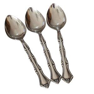 3 Northland model Soup Spoons inches stainless 90s vtg Baroque pierced floral in